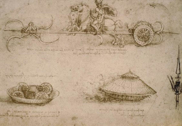 Drawing of a Scythed Chariot and a Tank-Like Vehicle by Leonardo da Vinci 1485