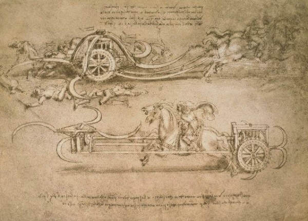 Drawing of Two Scythed Chariots by Leonardo da Vinci 1487