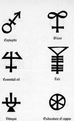 Alchemical symbols for Copiapite, glass, essential oil, talc, vinegar and subacetate of copper