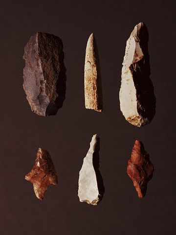 Paleolithic stone arrowheads, scrapers and other cutting tools found in excavations in Friuli