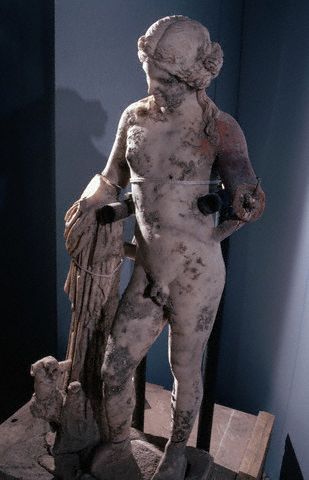 A statue of Bacchus from the excavation of submerged Roman ruins near Baia, Italy
