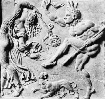 Roman Bacchanalia. Satyr chasing girl. Roman relief. Madrid.