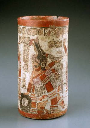 Cylindrical Vase Painted With a Ball Game Scene ca. 700-900