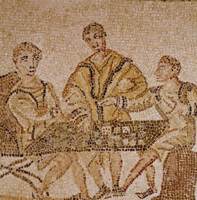 A 3rd century A.D. Roman mosaic from El Djem, Tunisia, shows three men seated at a table and playing dice