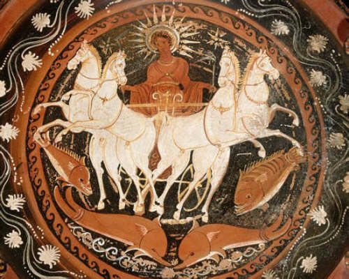 Greek Bowl Depicting Helios in Chariot with Horses and Dolphins