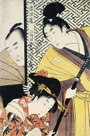 Act II of Chushingura, The Young Samurai Rikiya, with Kononami, Honzo Partly Hidden Behind the Door by Utamaro 18th c