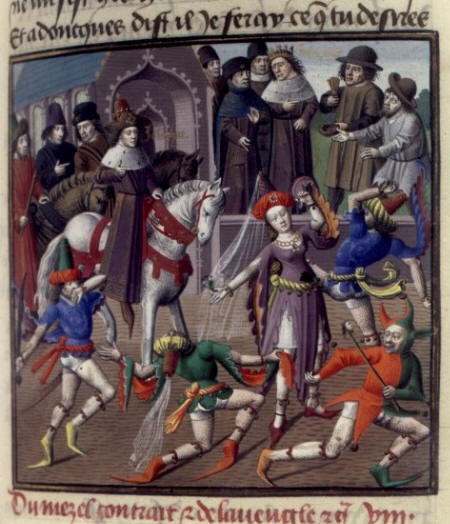A jester and dancing men and women in the story of St. Josaphat, 1463