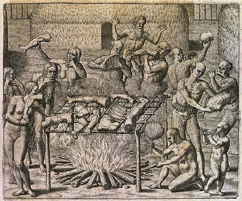 Engraving of Tupinamba Indians Cooking and Eating the Bodies of Prisoners by Theodor de Bry