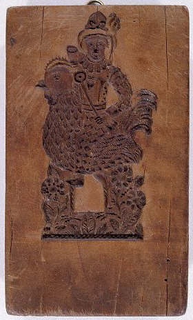 Etched Wooden Block with Man Riding a Cockerel . 1805