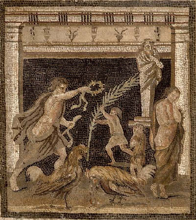 Ancient Roman Mosaic with Figures and Cockfight