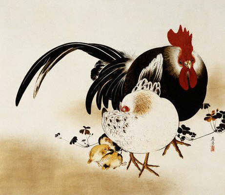 Cockerel, Hen and Chicks by Shibata Zeshin