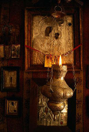 Orthodox Icon and Votive Lamp. Corfu, Greece