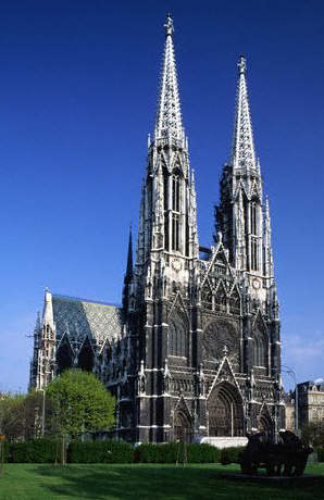 The Votive Church designed by Henry von Ferstel and completed in 1879 stands in Rathaus Park, Vienna