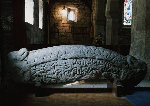 The Viking hogback tomb. The relief depicts the four dwarves who held up the four corners of the sky