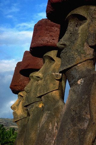 Moai With Topknots at Ahu Anakena