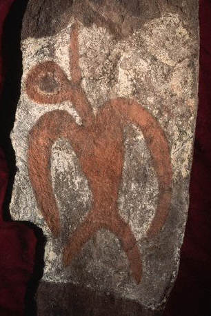 Rock painting on a stone slab used on houses on Easter Island