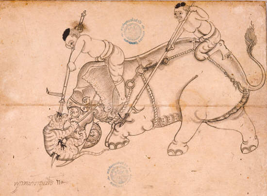 Thai Drawing of a Tiger Attacking an Elephant
