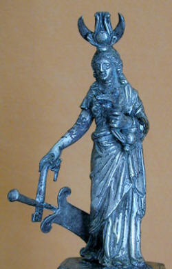 Silver statuette of goddess with syncretic religious symbolism, Isis and Fortuna