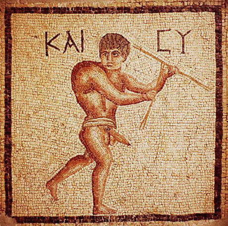 A Roman mosaic depicts a young man with hunchback and erect phallus carrying spears