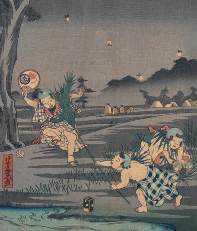 Утагава Ёсиику. Мальчики, ловящие светлячков побегами бамбука и плоскими веерами утива
