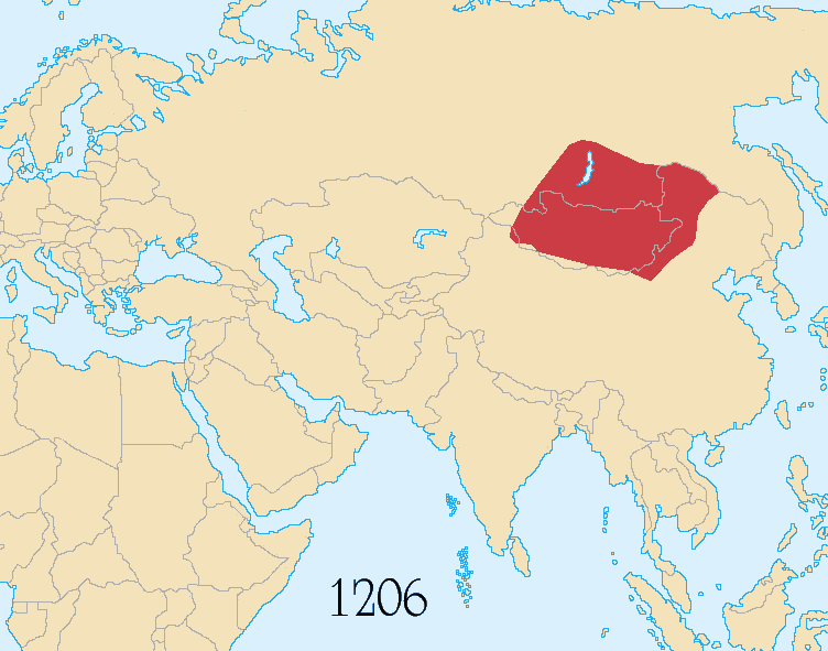 Map showing changes in borders of the Mongol Empire from founding by Genghis Khan in 1206