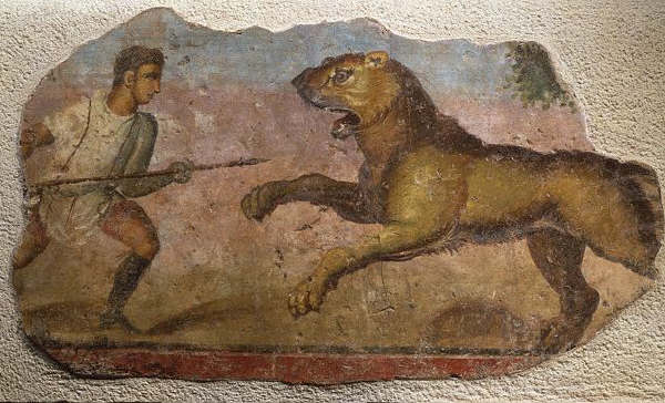 Roman Fresco of a Gladiator Fighting With a Wild Animal