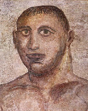 A Roman floor mosaic depicting a gladiator from the Caracalla-Spa, Rome