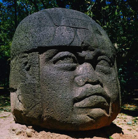 A giant Olmec head brought from the ruins of La Venta