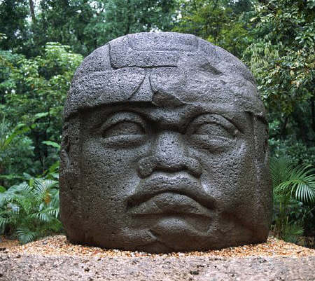 A giant Olmec head brought from the ruins of La Venta