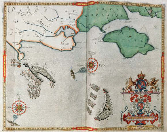 The Action Between the Spanish Armada and the English Fleet Off the Isle of Wight Map by Robert Adams 1588