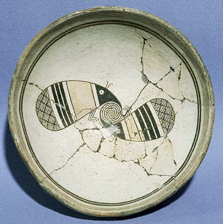 North American Indian pottery bowl painted with insects