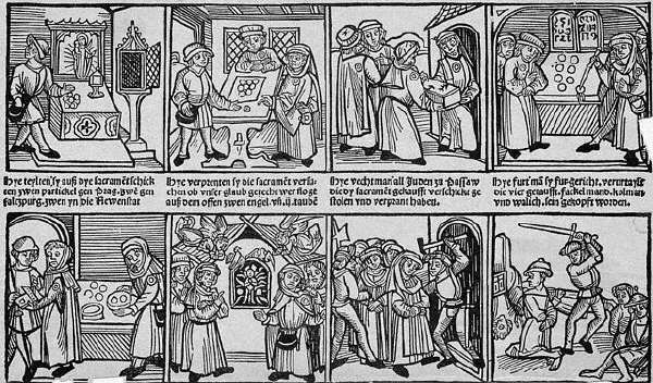 This is an anti-Semitic woodcut series illustrating Jews taking sacramental objects from Christian churches