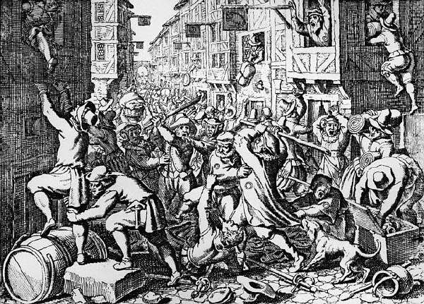 Residents of Frankfurt am Main pillage a Jewish street in the city in 1614