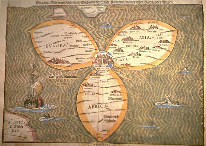Clover-leaf world map, Henrich Bünting, 1588