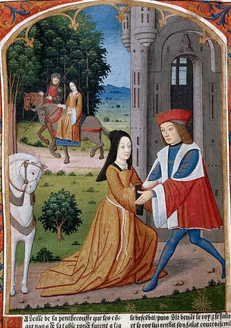 15th-Century French Manuscript Illumination With Lancelot Embracing a Lady