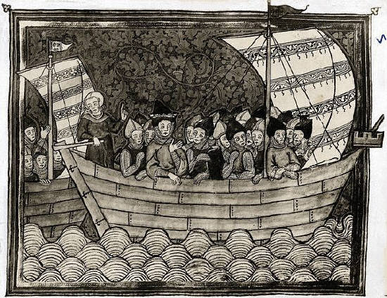a sailing ship crossing the Mediterranean with knights on board