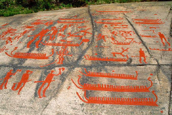 Rock Carvings of Longships and Hunters, Fossum