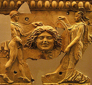 Polychrome terra-cotta relief of Perseus, Athena, Medusa