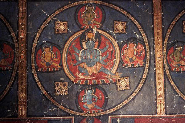 Fresco detail of bodhisattvas patterned within a geometric circular and square composition