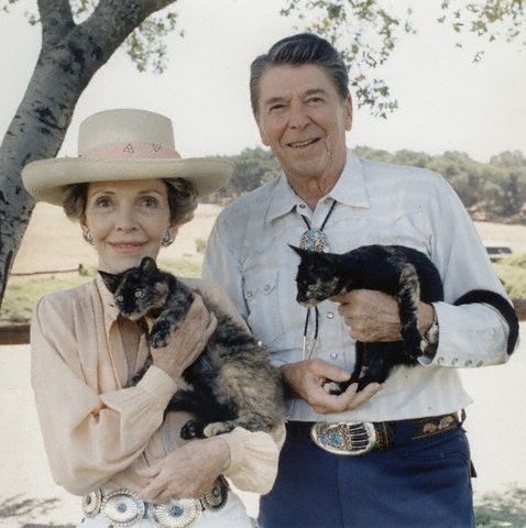 Ronald and Nancy Reagan with their cats on their ranch in Santa Barbara