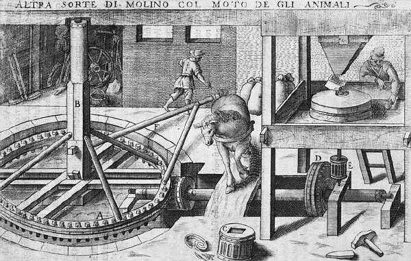 A man herds an animal on a threadmill attached to a grindstone in a mill. 1607