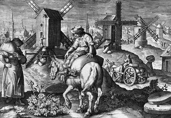 17th century Italian engraving depicting corn being transported to a mill