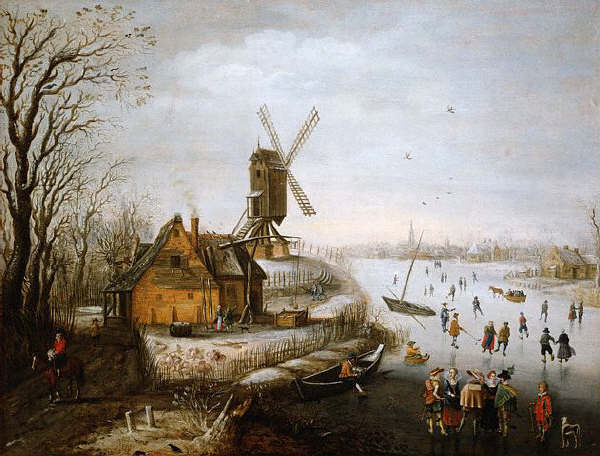 Dutch Painting of a Frozen River With Skaters 17th 