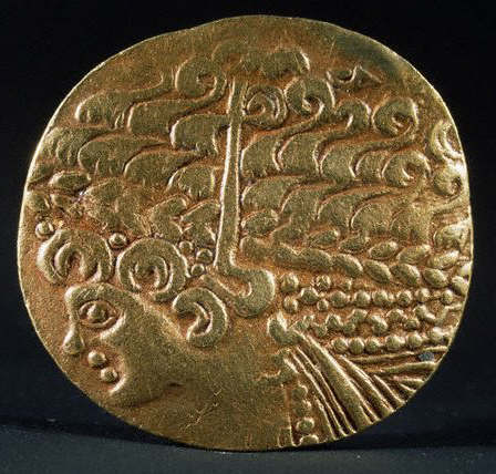 Gold coin of the Celtic Ambiani tribe of northern Gaul. It shows Apollo