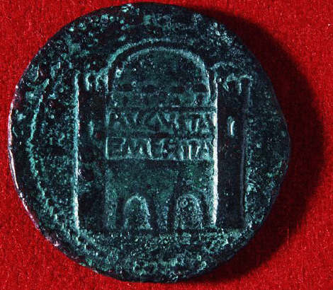 Imperial Roman Bronze Coin With the City Gate to Augusta Emerita