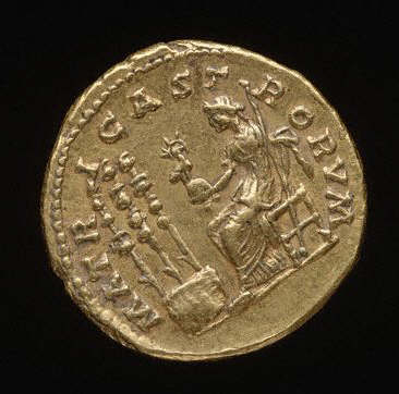 Roman Coin with Relief of Faustina the Younger Sitting with Globe Surmounted by a Phoenix 2th AD