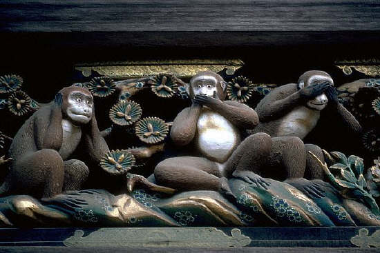The three monkeys are carved at the Toshugu Jinja Temple, shrine to the first Tokugawa Shogun. Nikko, Japan