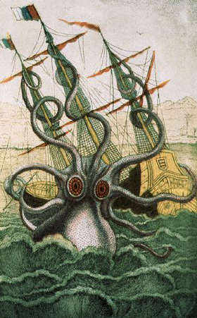 19th-Century Print of a Giant Octopus Attacking a Galleon