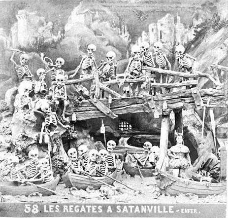 An exhibition of skeletons in boats, Paris, 1854
