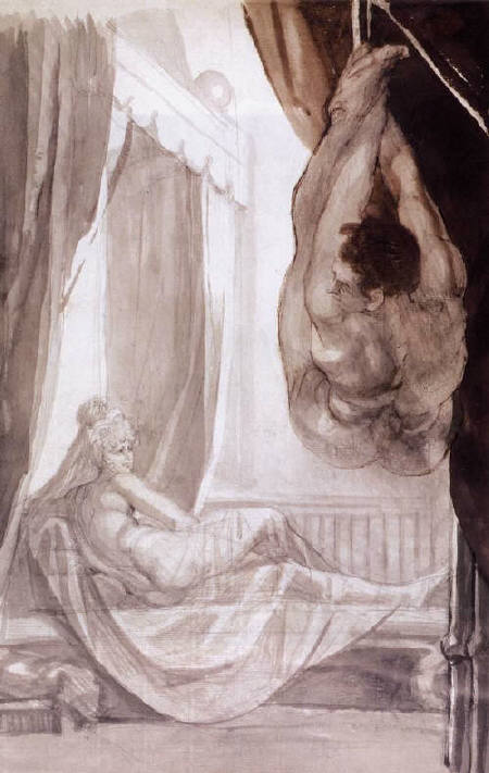 Brunhilde Observing Gunther, Whom She Has Tied to the Ceiling by Henry Fuseli 1807